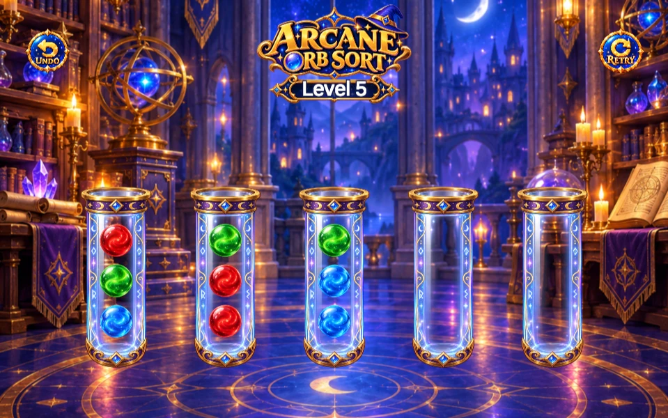 Arcane Orb Sort gameplay: glass tubes holding red, green and blue orbs in a magical study.